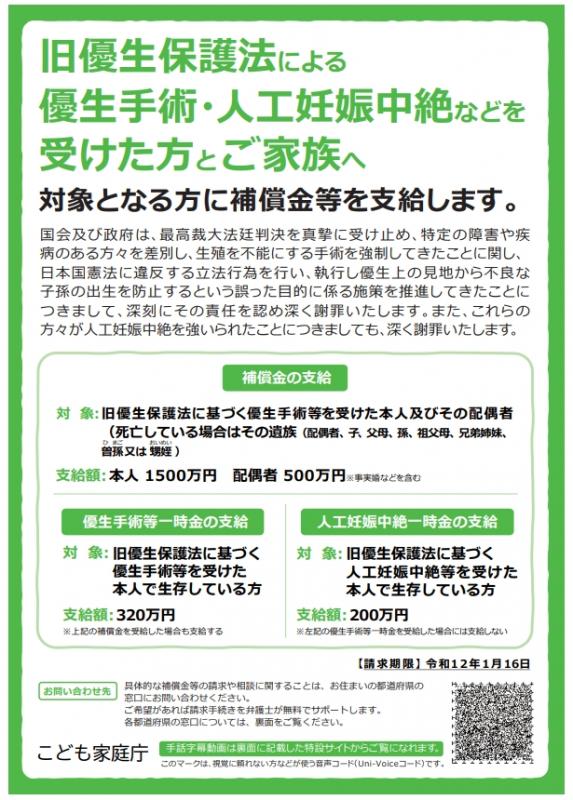 旧優生保護法補償金等リーフレットの表