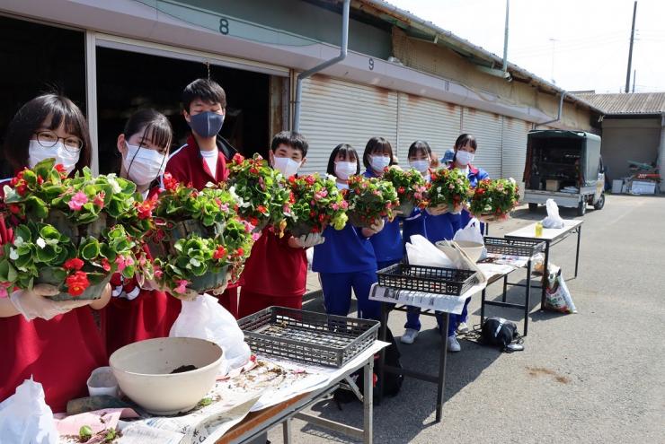 フラワーロード飾り付けをする中学生