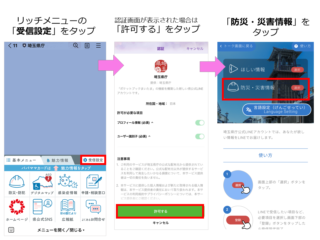 画像：LINEリッチメッセージの「受信設定」をタップ、認証画面が表示された場合は「許可する」をタップ、「防災・災害情報」をタップ