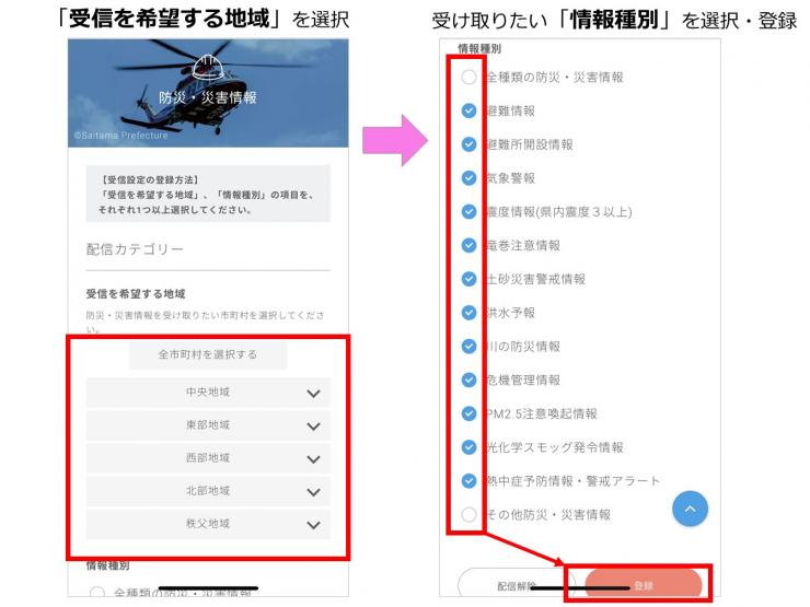 画像：「受信を希望する地域」を選択、受け取りたい「情報種別」を選択・登録