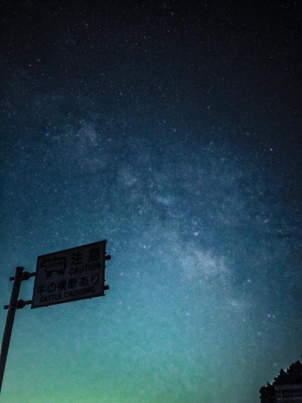 優秀賞の写真：秩父高原牧場の満天の星空、看板に「注意、牛の横断あり」と書かれている