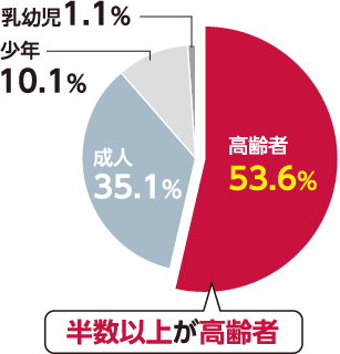 熱中症による救急搬送者のグラフの図：緊急搬送車の53.6％と半数以上が高齢者となっている。次いで成人が35.1%である。