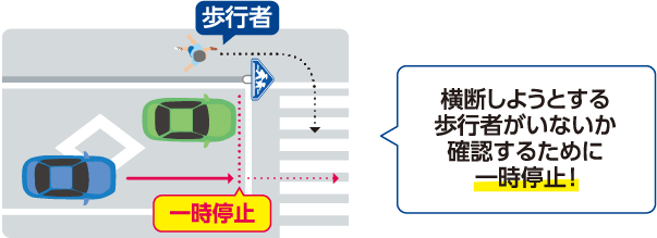 横断歩道における歩行者優先ルールの図2：横断しようとする歩行者がいないか確認するために一時停止！