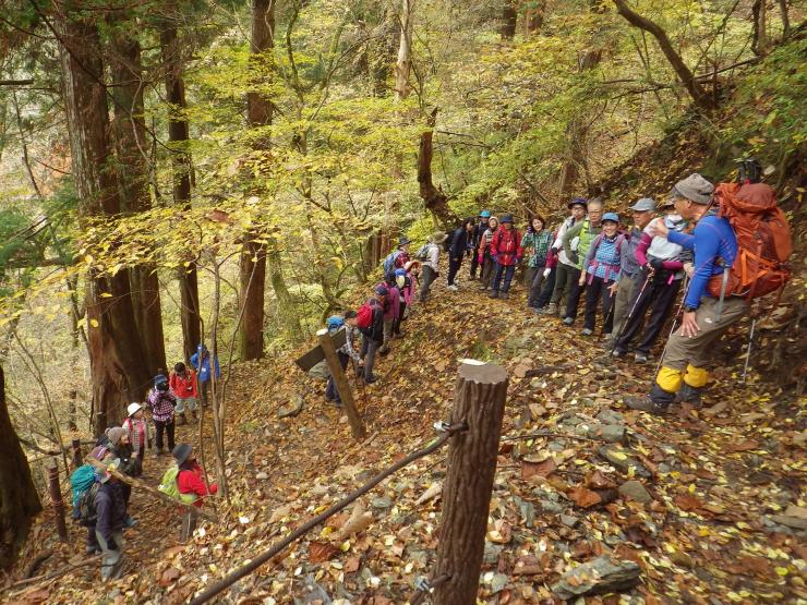 登山者が斜面で、講師からレクチャーを受けている様子。紅葉した葉っぱがたくさん落ちている。