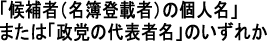 「候補者（名簿登載者）の個人名」または「政党の代表者名」のいずれか