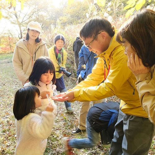 スタッフと一緒に園内を散策する様子の写真