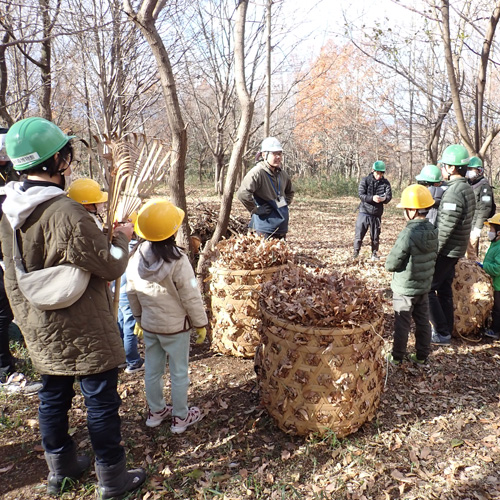 かごいっぱいに落ち葉を集めた様子の写真
