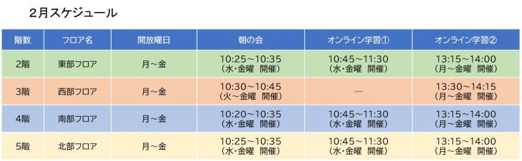 メタキャンパスの令和8年2月の東西南北各フロアのスケジュールです。
