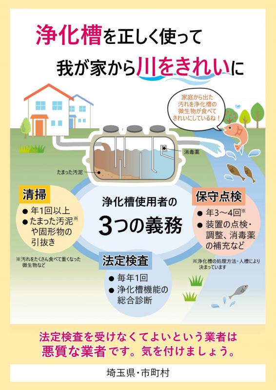 浄化槽を正しく使って我が家から川をきれいにと題されたチラシの埼玉県浄化槽協会管内バージョン