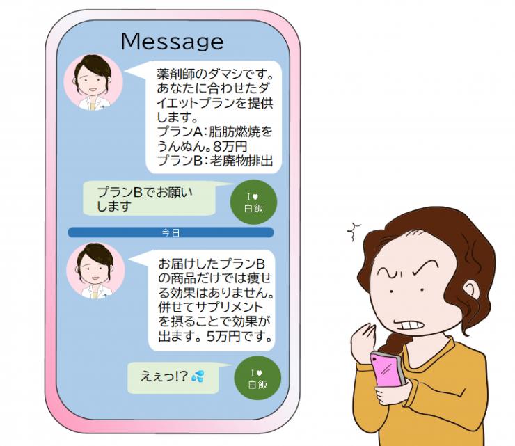 LINEでダイエット商品を次々勧誘され驚く女性のイラスト