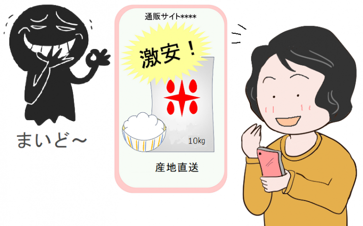 詐欺的な通販サイトで格安の米を見つけて喜んでしまう女性のイラスト