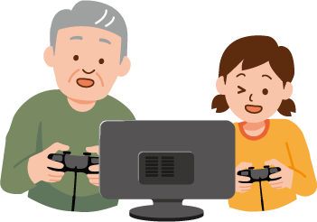 シニアと若者がゲームを楽しむイラスト