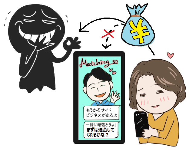 マッチングアプリで知り合った人から副業を勧められる女性のイラスト