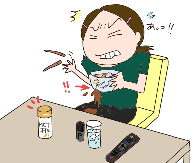カップ麺に入れたMCTオイルによりカップに穴が空き火傷する女性のイラスト