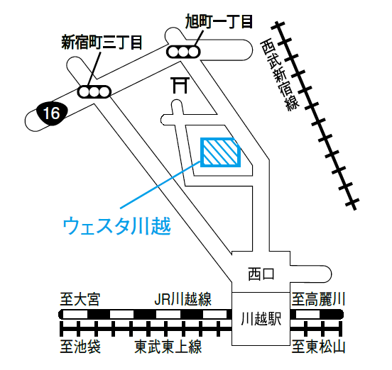 川越駅西口からパスポートセンター川越支所 （ウェスタ川越公共施設棟4階）への案内図