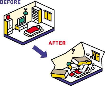 BEFORE：家具の固定をしていない部屋で男性が寝ているイラスト AFTER：男性が倒れたたんすの下敷きになっているイラスト