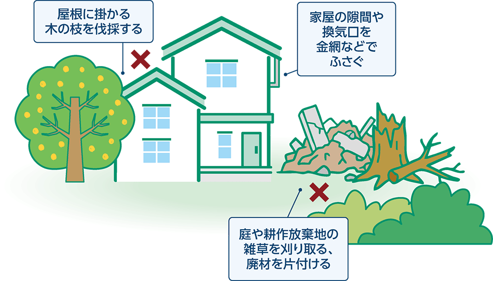 屋根に掛かる木の枝を伐採する／家屋の隙間や換気口を金網などでふさぐ／庭や耕作放棄地の雑草を刈り取る、廃材を片付ける