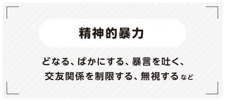 精神的暴力（どなる、ばかにする、暴言を吐く、交友関係を制限する、無視する）など